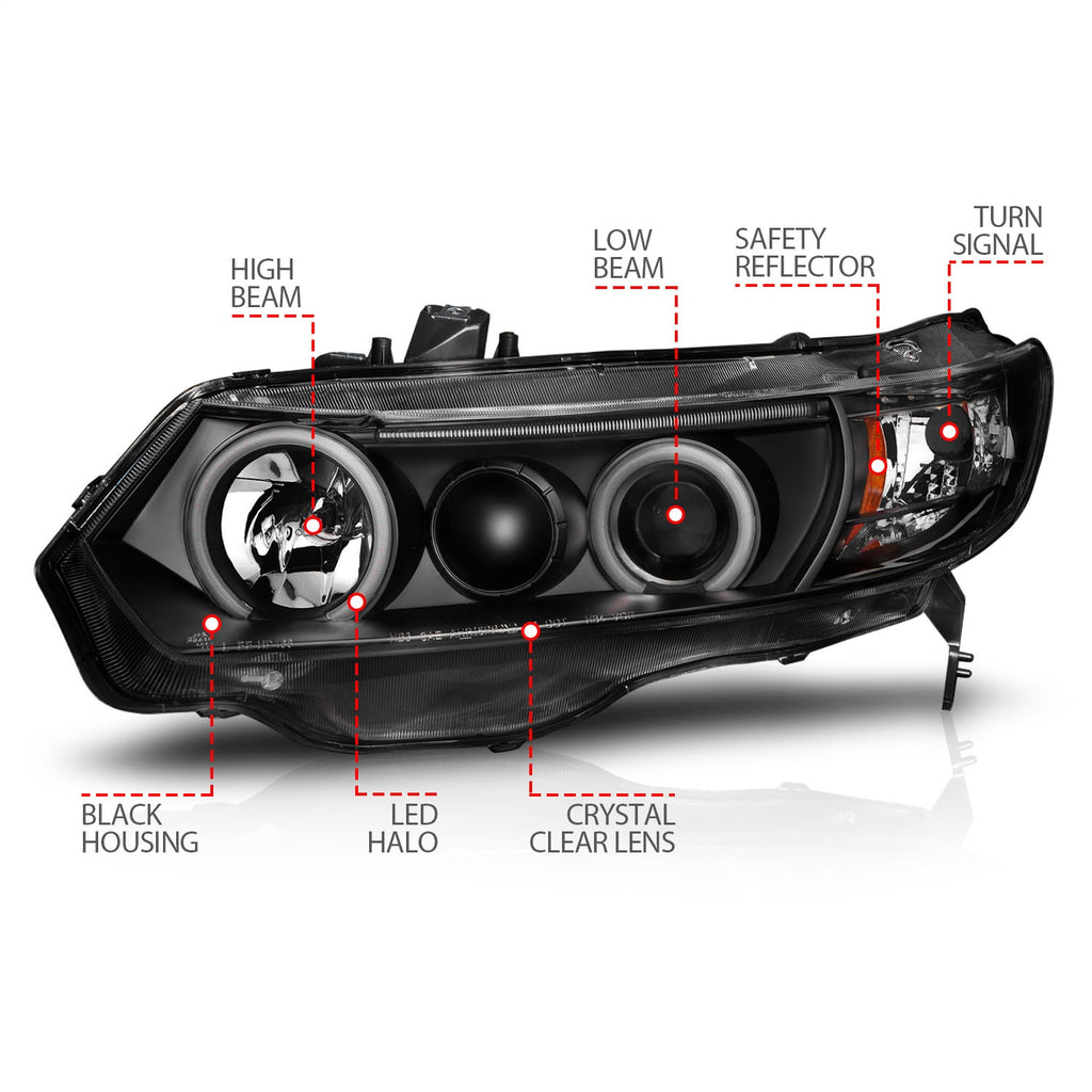 Anzo USA 121062 Projector Headlight Set w/Halo Fits 06-11 Civic