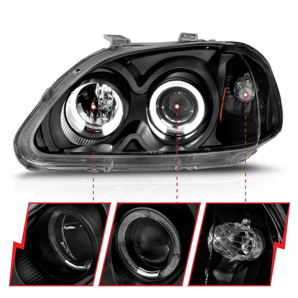 Anzo USA 121068 Projector Headlight Set w/Halo Fits 96-98 Civic