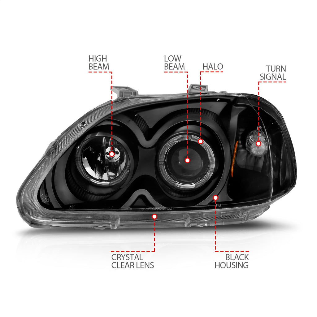Anzo USA 121068 Projector Headlight Set w/Halo Fits 96-98 Civic