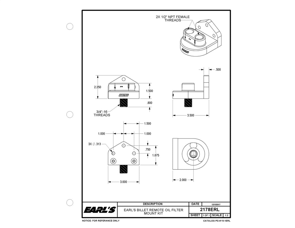 Earls Plumbing 2178ERL Billet Remote Oil Filter Mount Kit