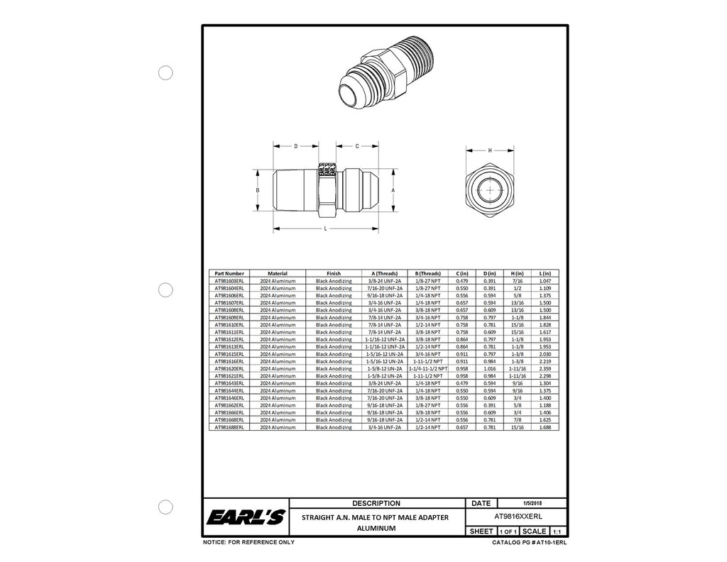 Earls Plumbing AT981608ERL Straight Aluminum AN to NPT Adapter