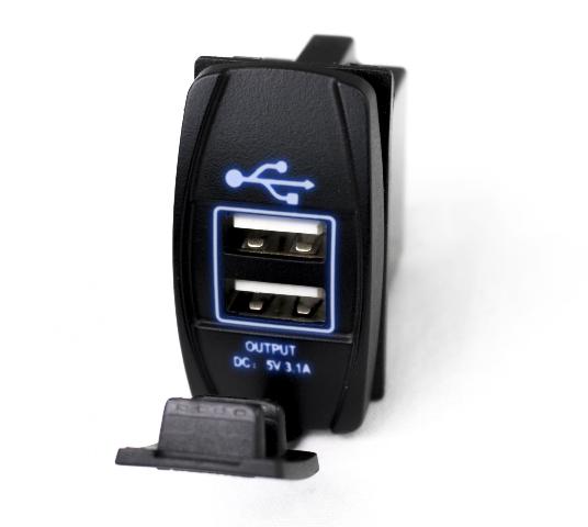 Race Sport RSRSUSBB LED Rocker Switch 2-Port USB Charge Panel w Blue Radiance