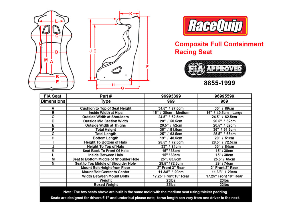 RaceQuip FIA Rated Composite Full Containment Racing Seat Black 16 in. Large